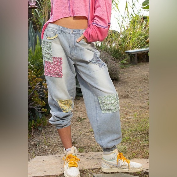 POL Floral Patchwork Jogger Jeans | Relaxed Fit Vintage Bohemian Denim - Picture 9 of 11